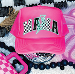 Mama Checkered Bolt DTF Printed Neon Pink Trucker Hat