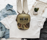 Mama Tryin Not To Raise DTF printed on Camo and Olive Foam Trucker Hat