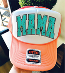 Mama Turquoise DTF on Coral and White Trucker Hat