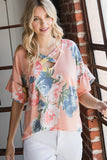 FLORAL PRINT RUFFLE SLEEVE TOP