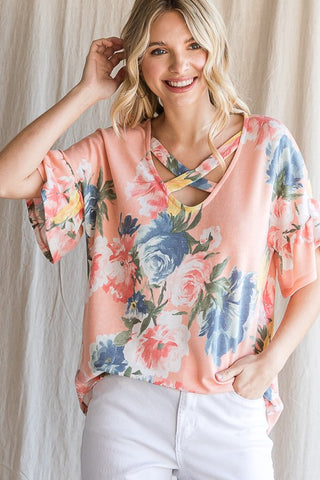 FLORAL PRINT RUFFLE SLEEVE TOP