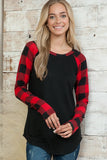 PLAID SOLID CONTRAST LS TOP