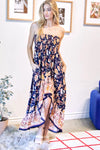 FLORAL OFF SHOULDER SMOCKED HI LOW DRESS