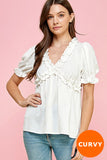 CURVY SOLID RUFFLE V NECK BABY DOLL SS TOP