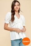 CURVY SOLID RUFFLE V NECK BABY DOLL SS TOP
