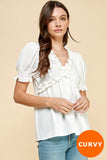 CURVY SOLID RUFFLE V NECK BABY DOLL SS TOP