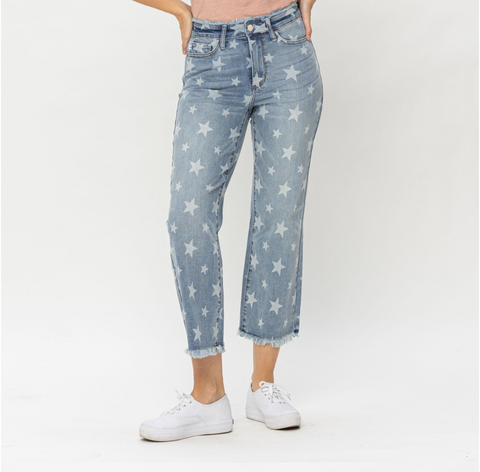 JB CURVY STAR PRINT CROPPED STRAIGHT JEANS