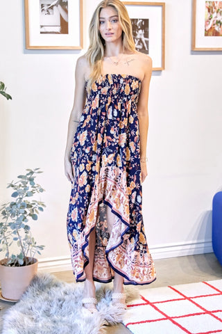 FLORAL OFF SHOULDER SMOCKED HI LOW DRESS