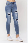 CURVY JB MID RISE NAVY BLUE PATCHED DESTROY RELAXED JEANS