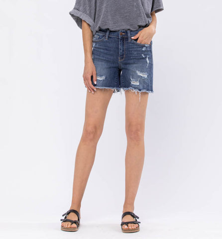 JB MID RISE BLEACH SPLASH DESTROYED SHORTS